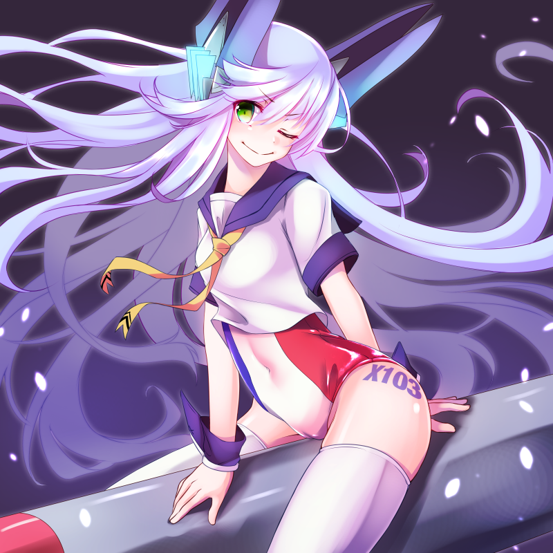 1girl, bangs, black_background, blue_hair, commentary, eyebrows, eyebrows_visible_through_hair, french_flag, green_eyes, gyuunyuukeepaa, headgear, le_fantasque_(zhan_jian_shao_nyu), leg_tattoo, long_hair, looking_at_viewer, multicolored_swimsuit, neckerchief, one-piece_swimsuit, one_eye_closed, school_swimsuit, school_uniform, serafuku, shiny, shiny_skin, sitting, smile, solo, straddling, striped, striped_swimsuit, swimsuit, tattoo, thigh-highs, thighs, torpedo, very_long_hair, white_legwear, zhan_jian_shao_nyu