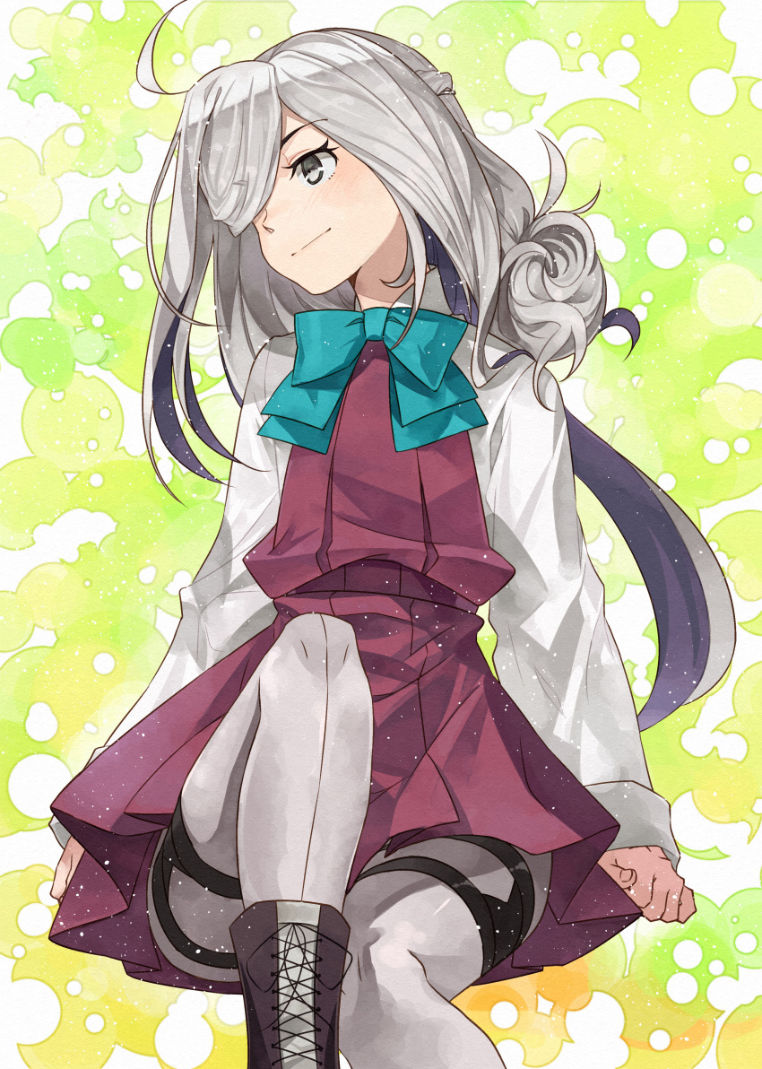 1girl, absurdres, asashimo_(kantai_collection), blush, boots, grey_legwear, hair_over_one_eye, highres