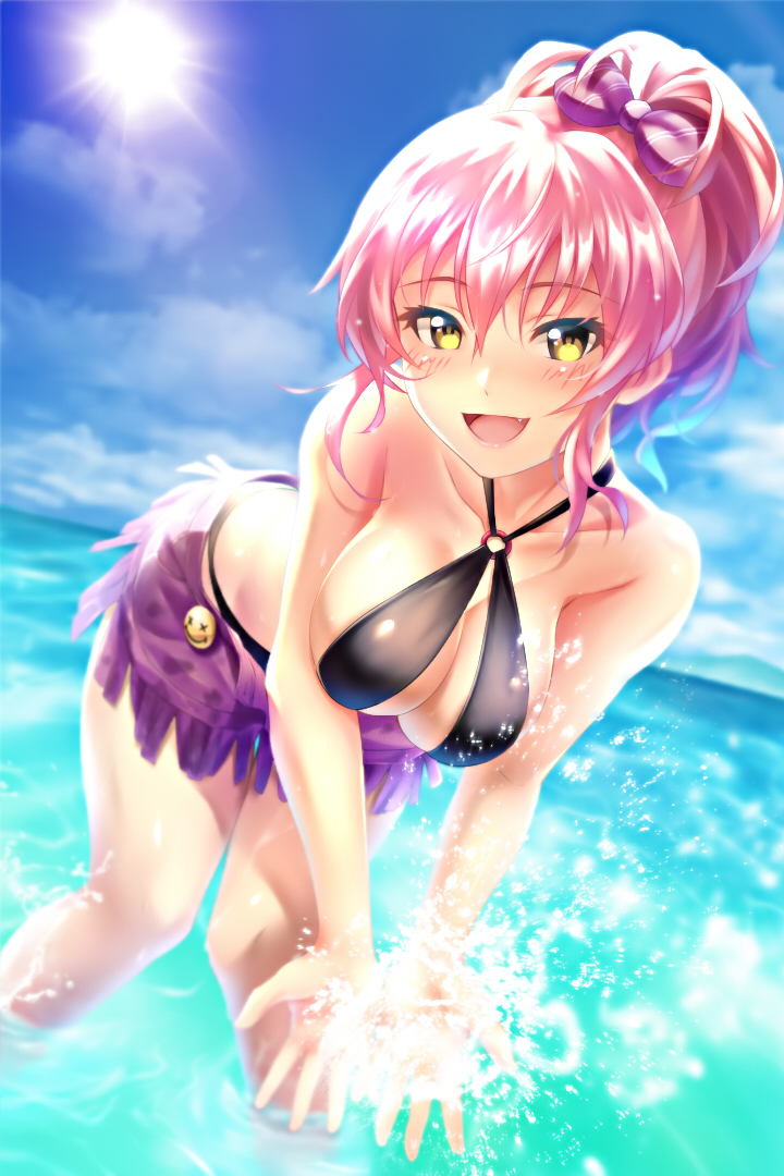 1girl, :d, bent_over, bikini, black_bikini, blush, bow, breasts