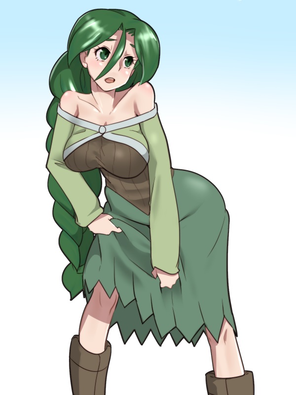 1girl, bare_shoulders, blush, boots, braid, breasts, collarbone, green_eyes