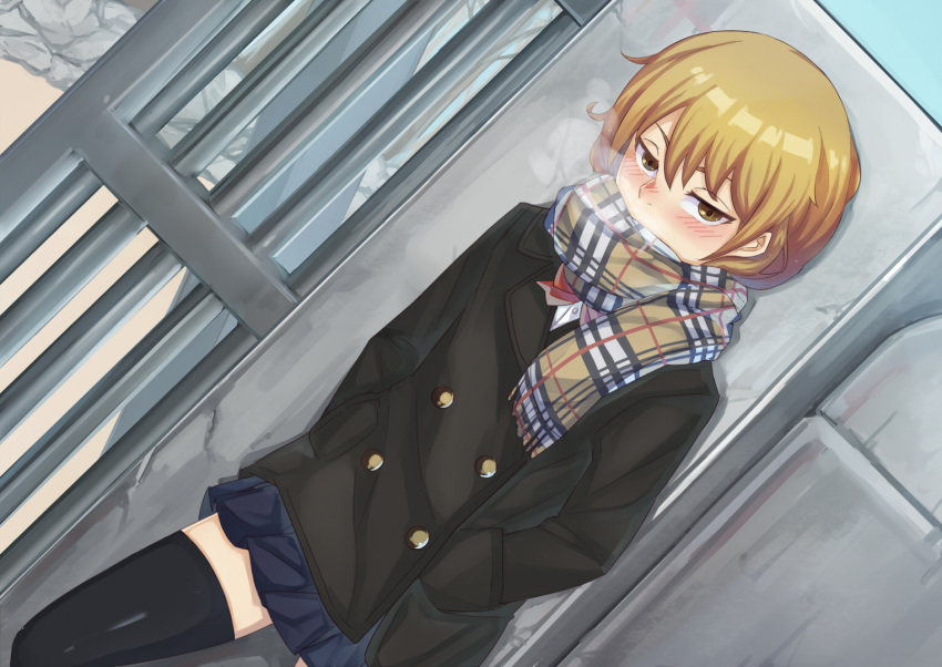 1girl, black_legwear, blonde_hair, blush, breath, brown_eyes, coat, dutch_angle