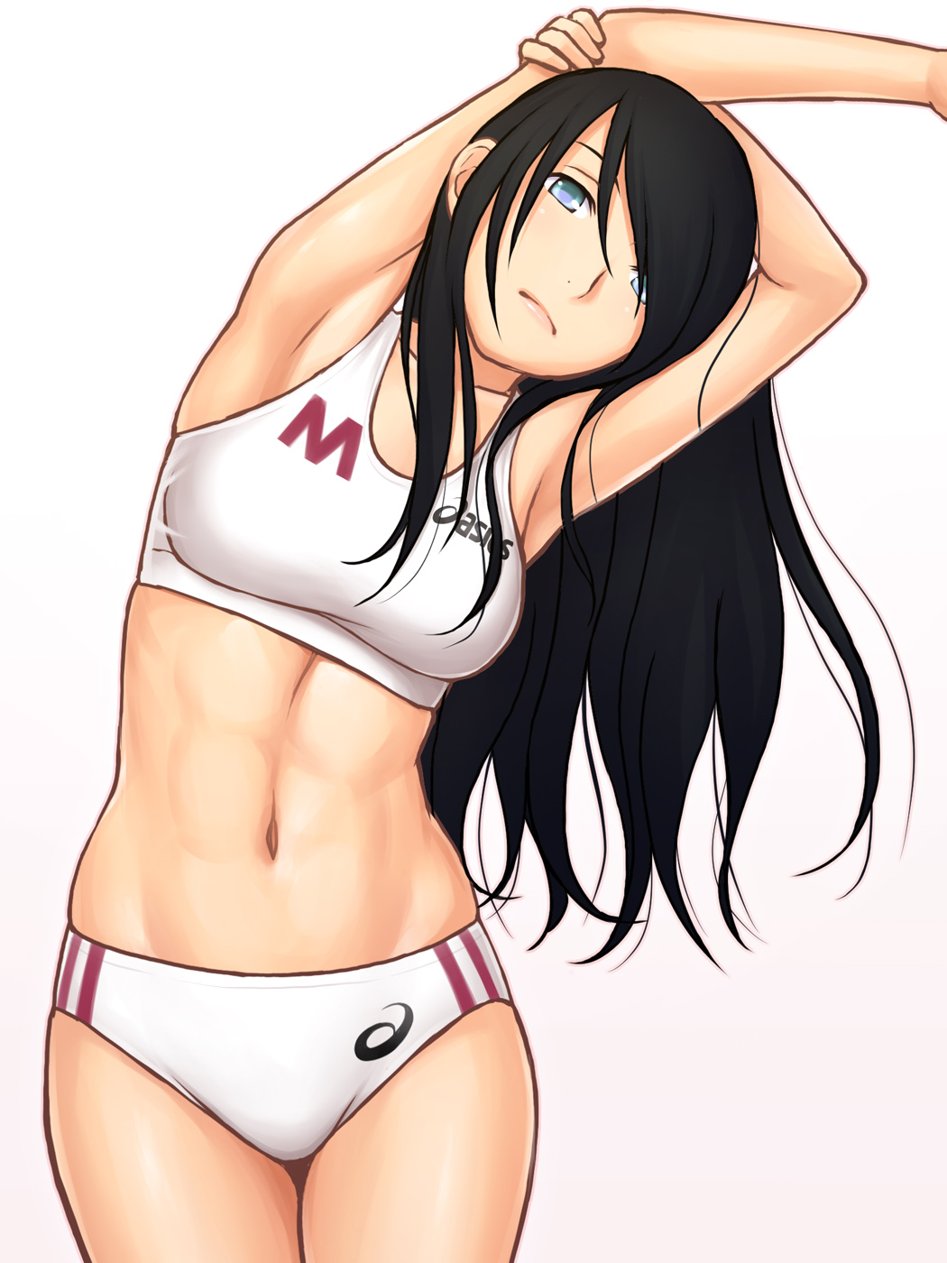 1girl, abs, asics, black_hair, blue_eyes, buruma, cowboy_shot, hair_over_one_eye