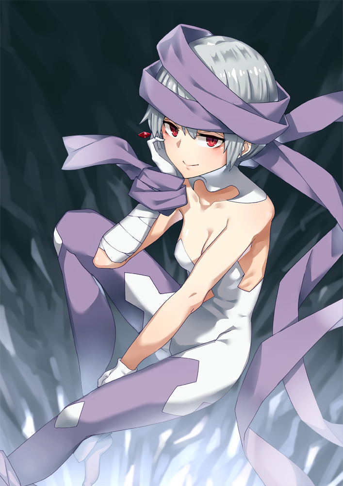 1girl, bare_shoulders, bodysuit, breasts, chin_rest, cleavage, gloves, grey_hair