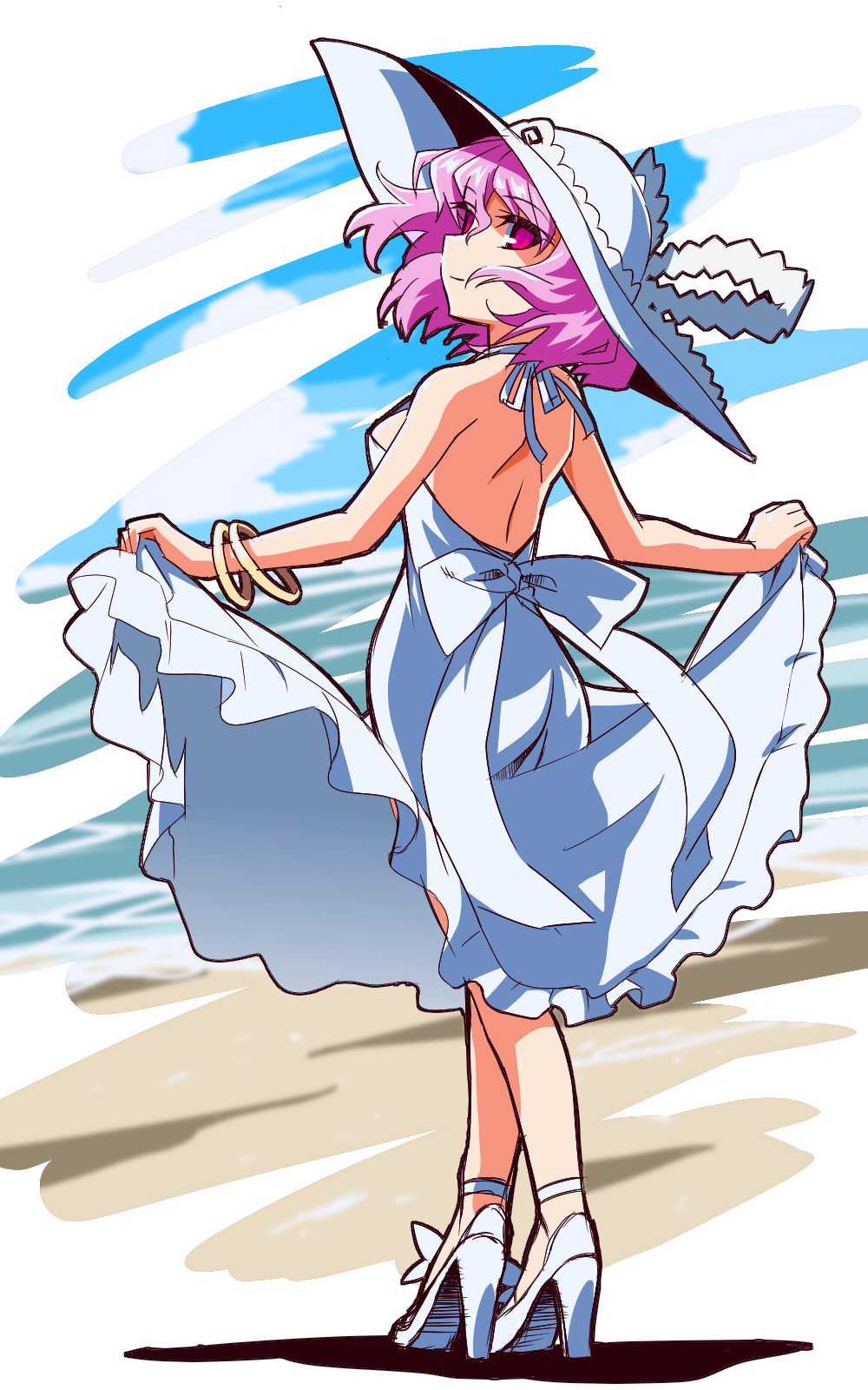 alternate_costume, alternate_headwear, bare_shoulders, beach, blue_sky, bracelet, clouds, dress