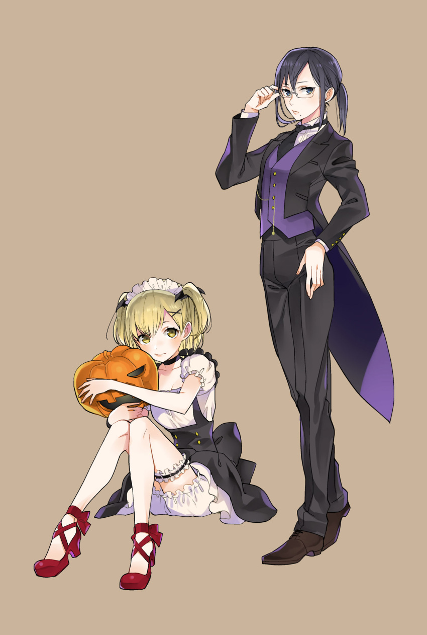 2girls, adjusting_glasses, black_eyes, black_hair, blonde_hair, bloomers, brown_background, butler