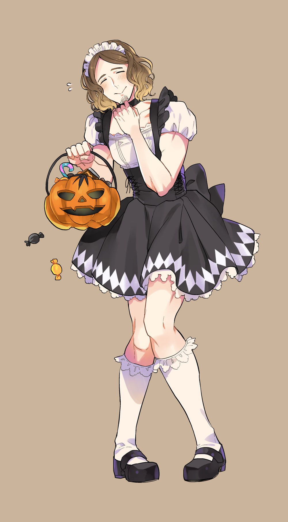 1boy, azumane_asahi, blush, brown_hair, candy, choker, closed_eyes, crossdressinging