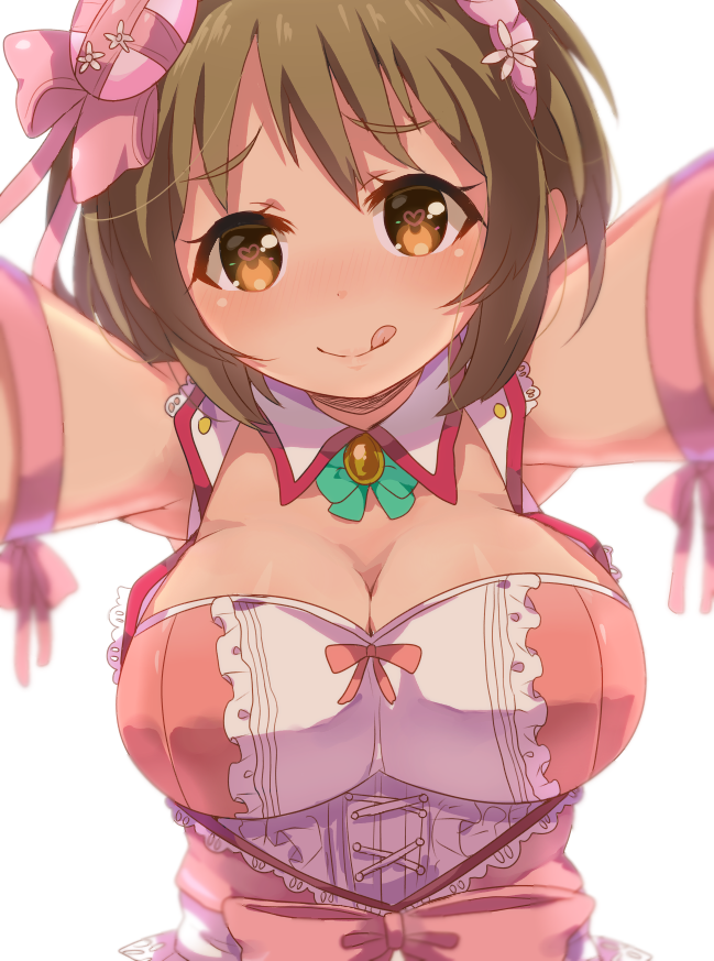 1girl, arms_up, breasts, brown_eyes, brown_hair, cleavage, collar, flower