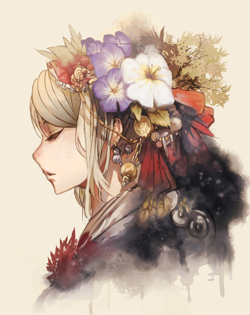 1girl, bangs, blonde_hair, bow, branch, closed_eyes, earrings, eyelashes, flower, food, frilled_bow, frills, fruit, hair_bow, hair_bun, hair_flower, hair_fruit, hair_ornament, hair_ribbon, highres, japanese_clothes, jewelry, kimono, kuroduki_(pieat), leaf, original, parted_lips, plant, profile, red_bow, red_ribbon, ribbon, solo, upper_body