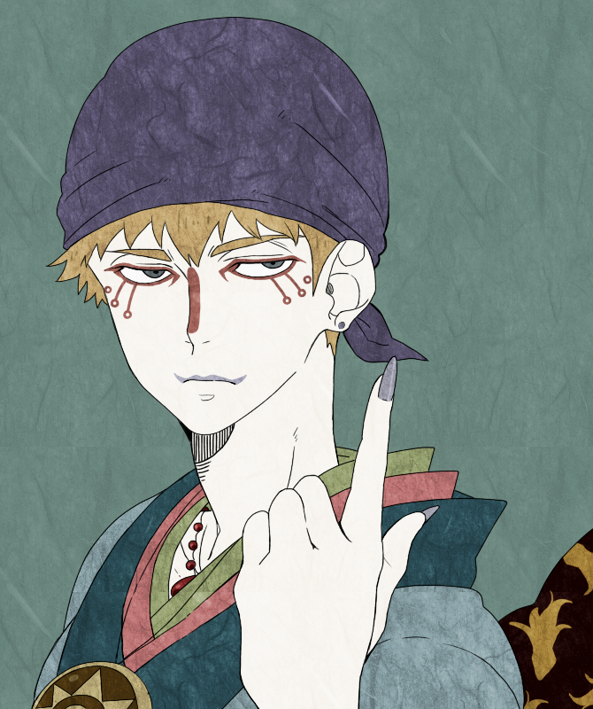 1boy, bandanna, bangs, blonde_hair, blue_eyes, closed_mouth, facepaint, fingernails