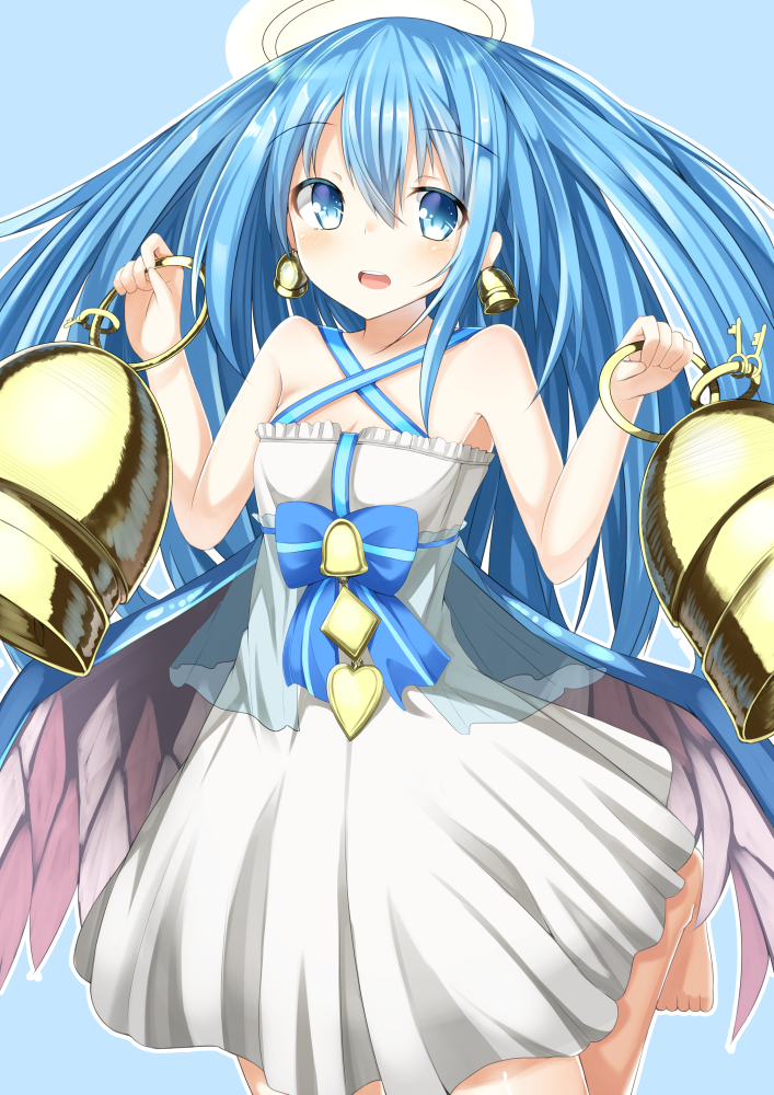 1girl, bare_shoulders, bell, bell_earrings, bellringer_angel, blue_eyes, blue_hair, dress