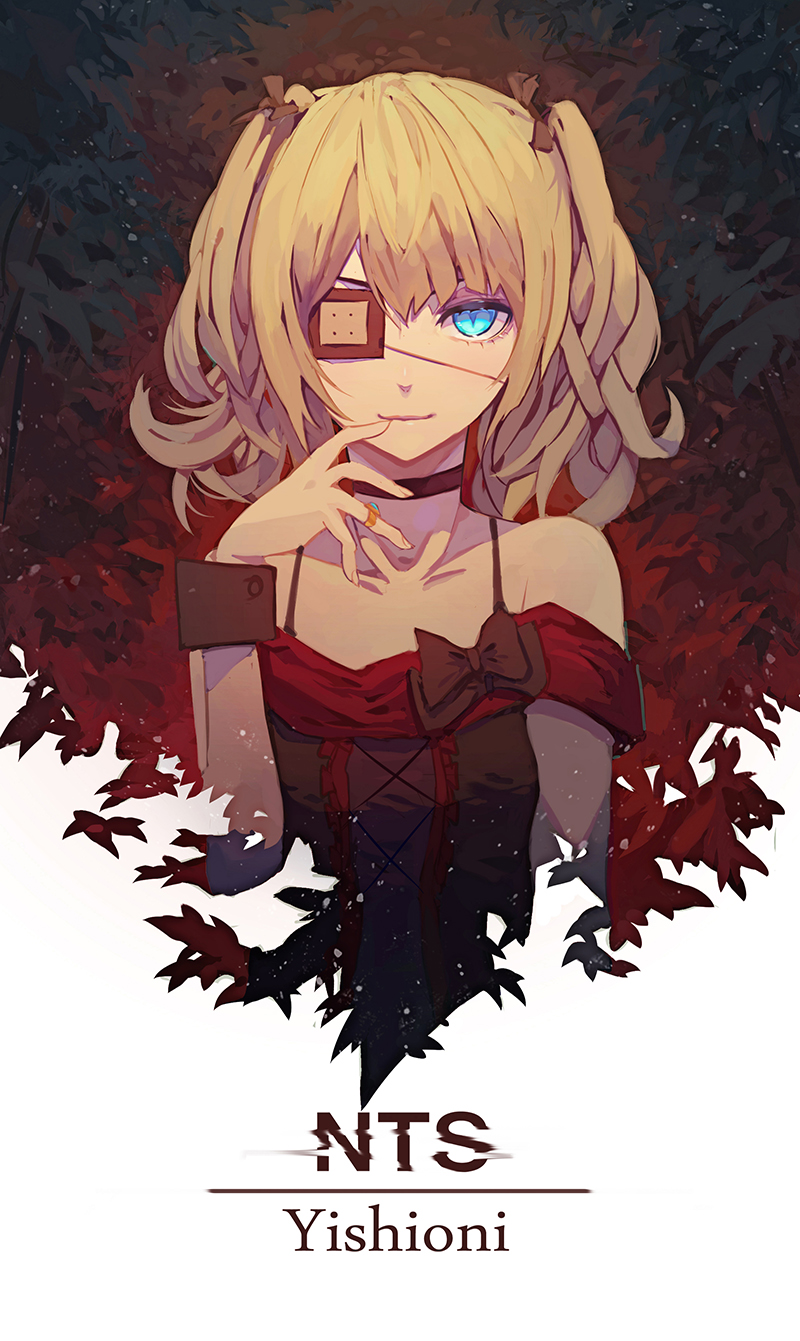 1girl, bare_shoulders, black_bow, black_choker, blonde_hair, blue_eyes, bow, breasts