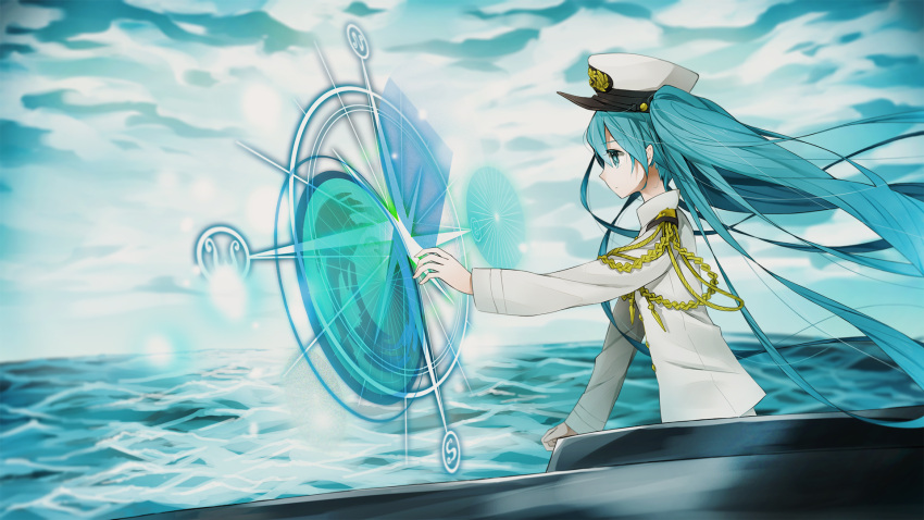 1girl, aqua_eyes, aqua_hair, floating_hair, from_side, hat, hatsune_miku, highres