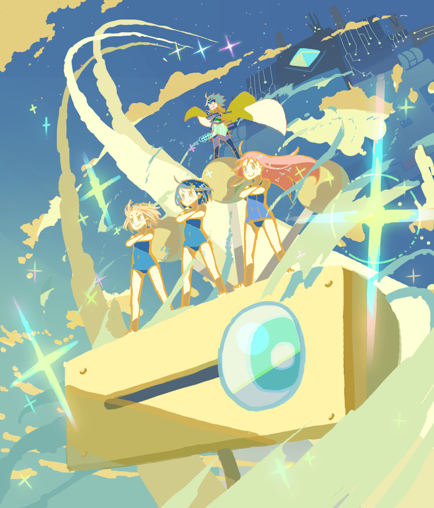 1boy, 3girls, blonde_hair, blue_hair, c_otom, cape, clouds, crossed_arms