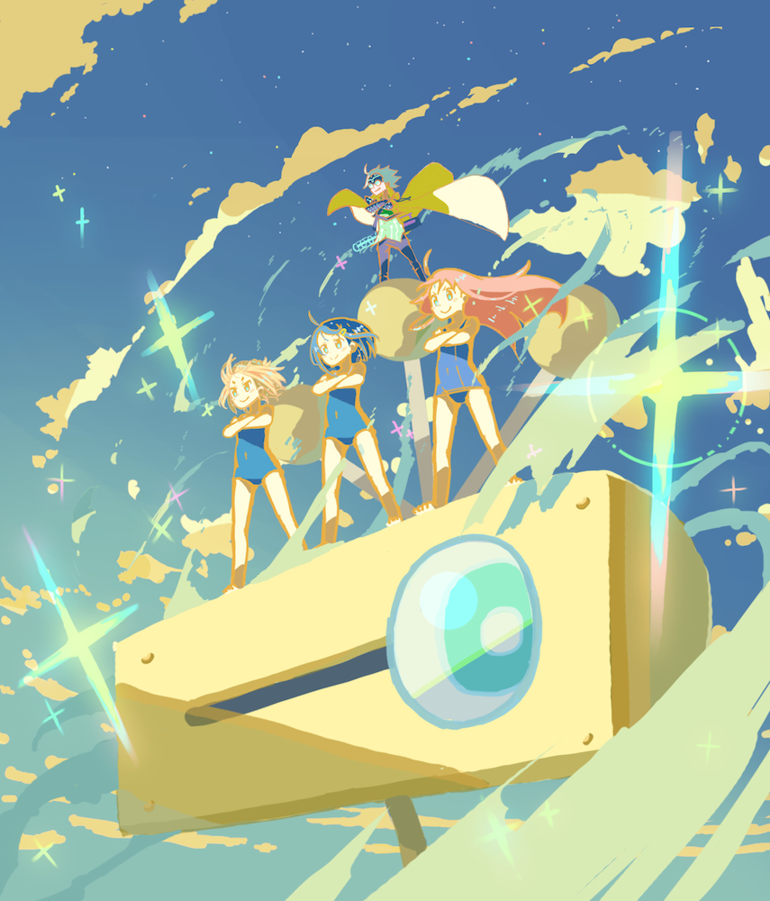 1boy, 3girls, blonde_hair, blue_hair, c_otom, cape, clouds, crossed_arms