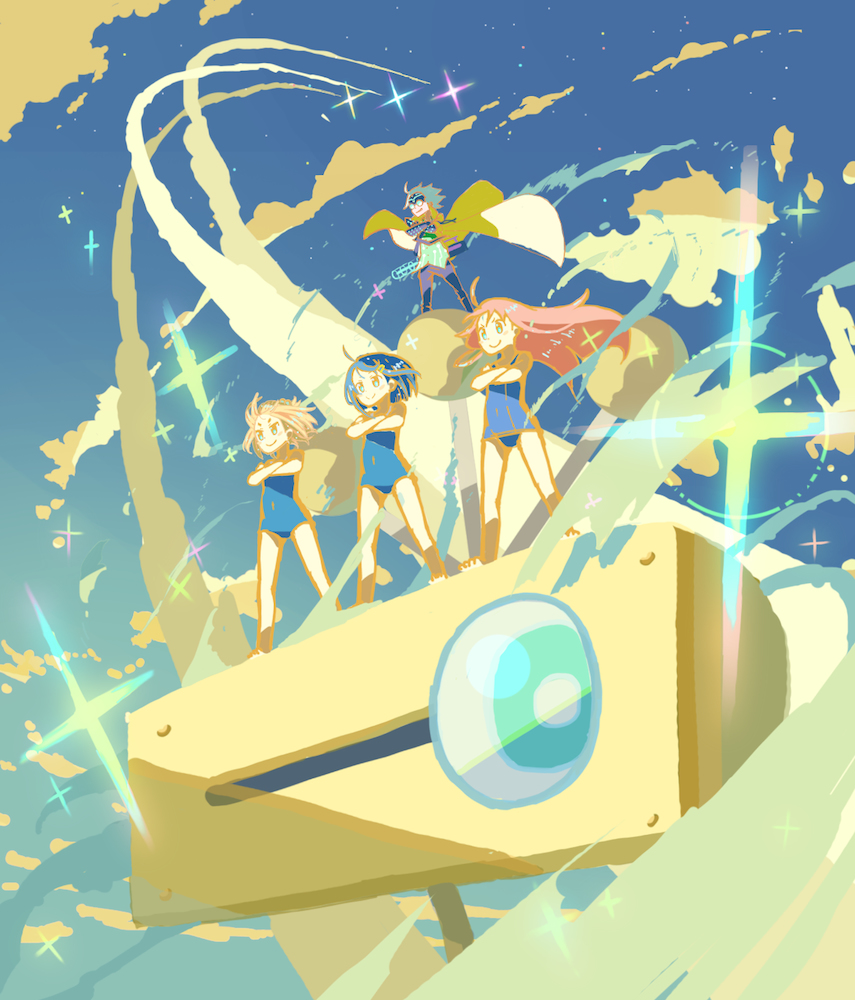 1boy, 3girls, blonde_hair, blue_hair, c_otom, cape, clouds, crossed_arms