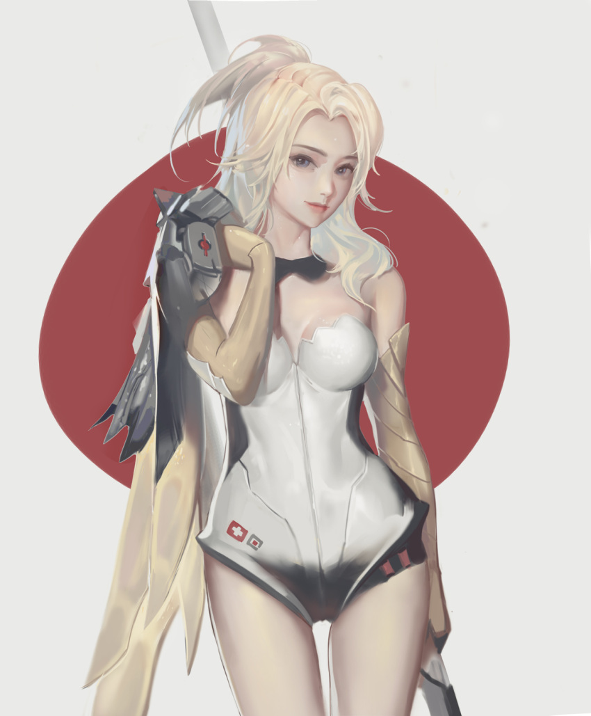 1girl, adapted_costume, alternate_hairstyle, bare_shoulders, black_bow, black_bowtie, blonde_hair, bodysuit, bow, bowtie, breasts, breasts_apart, closed_mouth, cowboy_shot, detached_sleeves, elbow_gloves, gloves, hair_down, highres, holding, holding_staff, holding_weapon, legs, legs_apart, leotard, lipstick, long_hair, looking_at_viewer, makeup, medium_breasts, mercy_(overwatch), nose, overwatch, pink_lips, pink_lipstick, ponytail, rabbit_(tukenitian), smile, solo, staff, strapless, strapless_leotard, swiss_flag, weapon, wings, yellow_gloves