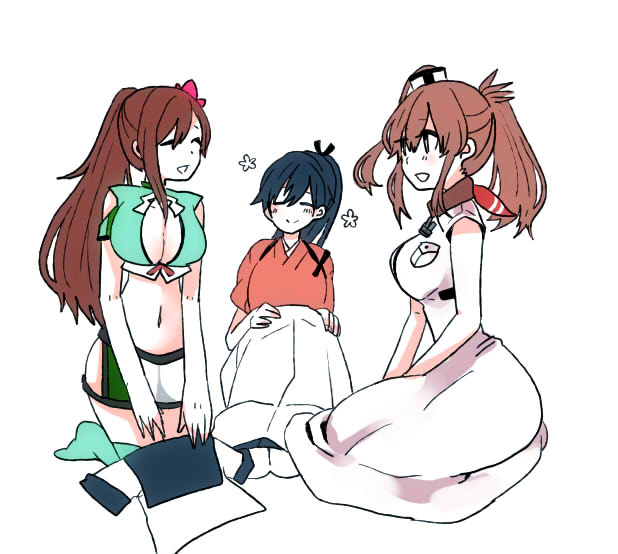 3girls, amagi_(kantai_collection), anchor, bangs, bare_shoulders, belt, blue_eyes, blue_hair, blush, breast_pocket, breasts, brown_hair, cleavage_cutout, closed_eyes, dress, flower, hair_between_eyes, hair_flower, hair_ornament, houshou_(kantai_collection), japanese_clothes, kantai_collection, large_breasts, long_hair, machinery, midriff, moi1416, multiple_girls, navel, ponytail, red_neckerchief, remodel_(kantai_collection), saratoga_(kantai_collection), short_sleeves, side_ponytail, simple_background, smile, smokestack, squatting, swept_bangs, tasuki, thigh-highs, white_background, white_dress