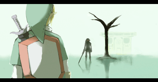 black_hair, blonde_hair, dark_link, glowing, glowing_eyes, hat, letterboxed, link