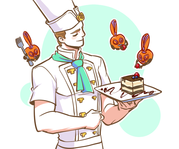 1boy, blueberry, brown_hair, chef, chef_hat, clenched_hand, closed_eyes, dessert