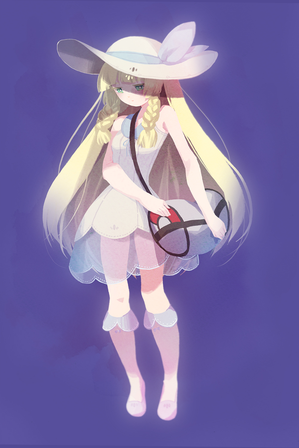 1girl, aram, blonde_hair, blush, braids, closed_eyes, dress, female, hat, lillie_(pokemon), long_hair, pokemon, pokemon_(game), pokemon_sm, straight_hair