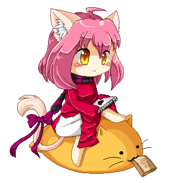1girl, animal_ears, animal_tail, animated_gif, antennae, cat, heart, notepad, orange_eyes, paper_bag, pink_hair, pixel, ribbon, scarf, short_hair, solo, tagme
