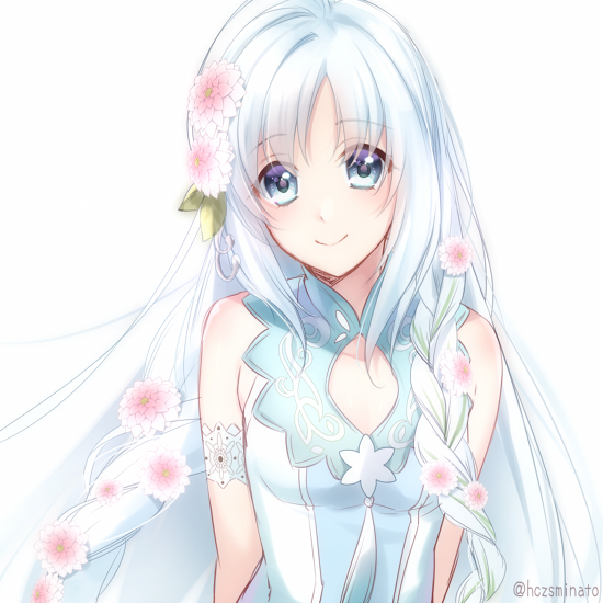 blue_eyes, eve_(yuukyuu_no_tierblade), flowers, long_hair, looking_at_viewer, small_breasts, smile, white_hair, yuukyuu_no_tierblade, yuuna_minato