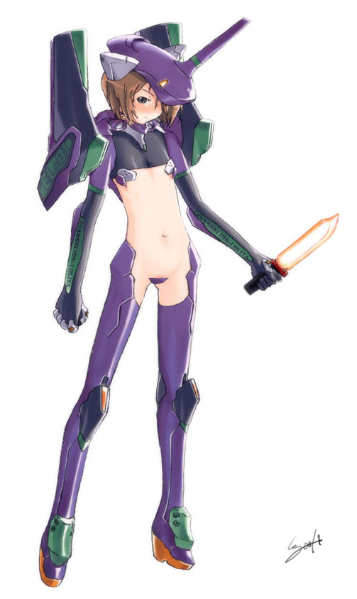 1girl, eva_01, flat_chest, i-iv_(longman), mecha_musume, neon_genesis_evangelion, prog_knife, revealing_clothes, solo, wadatsumi_garland