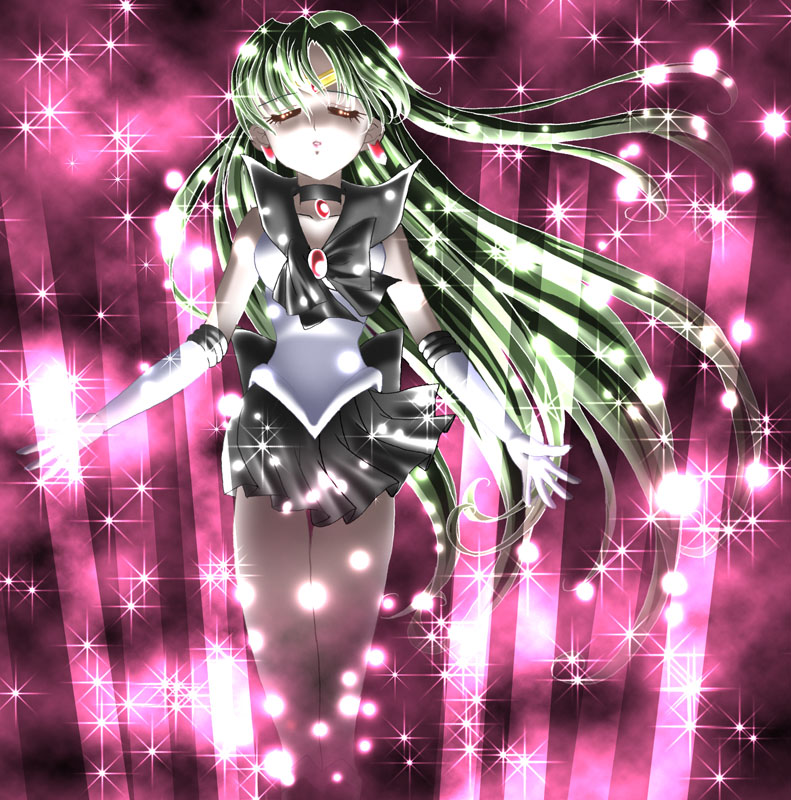 1girl, 90s, bishoujo_senshi_sailor_moon, bow, choker, closed_eyes, earrings, elbow_gloves, gloves, green_hair, hair_bun, jewelry, light, long_hair, magical_girl, meiou_setsuna, pleated_skirt, purple_background, ribbon, sailor_collar, sailor_pluto, skirt, solo, sparkle, sparks, tiara, white_gloves, yukinyan
