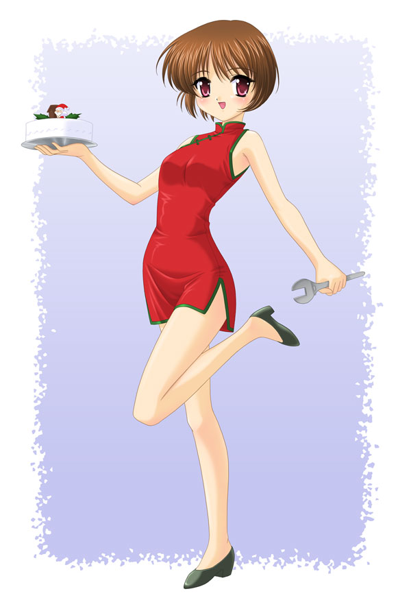 00s, bare_shoulders, blush, brown_hair, cake, china_dress, chinese_clothes, christmas
