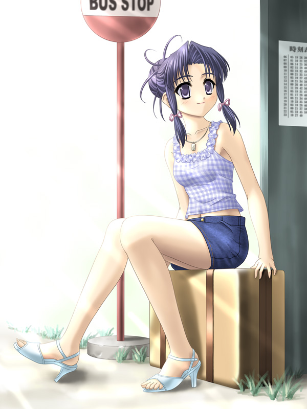 00s, 1girl, bus_stop, casual, denim, denim_shorts, haruka_(sister_princess), high_heels