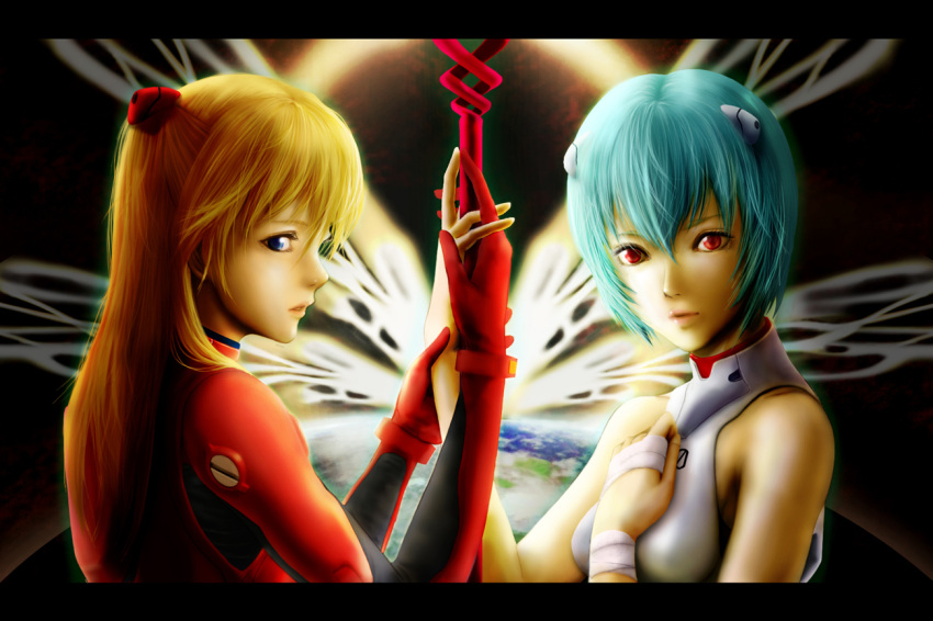 2girls, 3d, ayanami_rei, bad_id, bandage, blue_eyes, blue_hair, hand_holding, long_hair, multiple_girls, neon_genesis_evangelion, orange_hair, plugsuit, red_eyes, rinzou_(dangan), short_hair, souryuu_asuka_langley