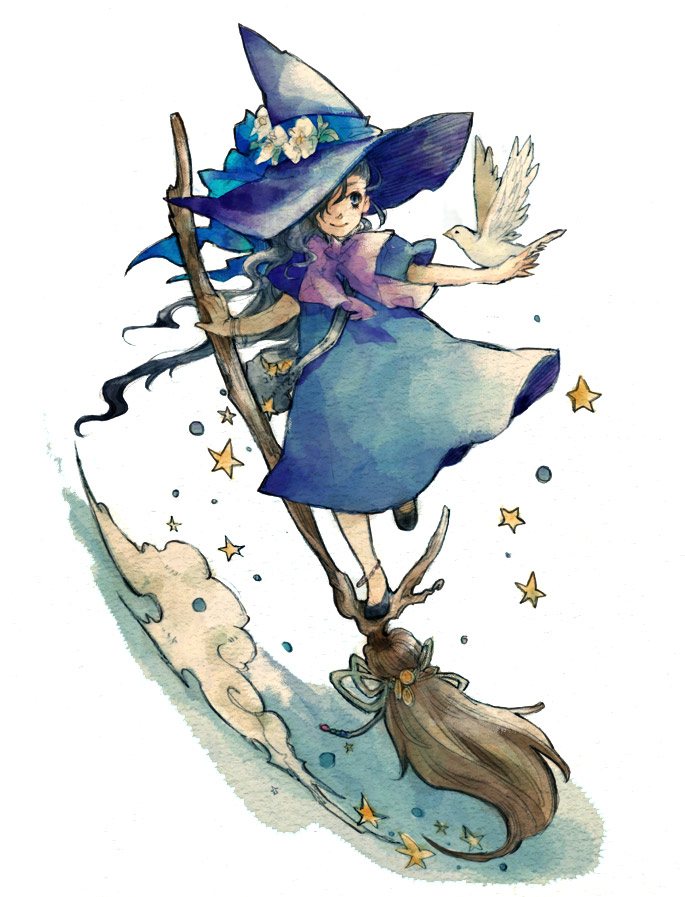 1girl, bird, black_hair, broom, broom_riding, flower, grey_eyes, hat, hat_flower, long_hair, original, smile, solo, star, wavy_hair, witch, witch_hat, yoki_(artist)