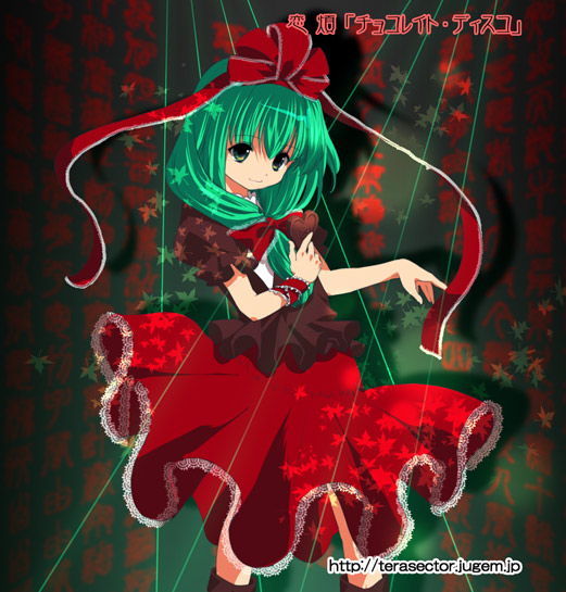 1girl, arm_ribbon, bow, dress, female, frills, front_ponytail, green_eyes