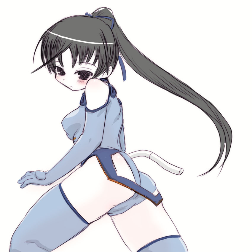 1girl, ahoge, ass, bangs, bare_shoulders, black_eyes, blue_gloves, blue_legwear