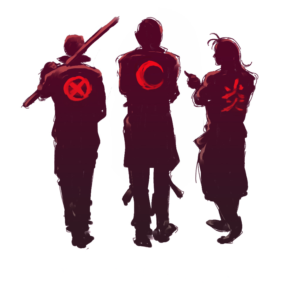 3boys, bandanna, billy_kane, facing_away, holding, holding_weapon, kanji, kisaragi_eiji