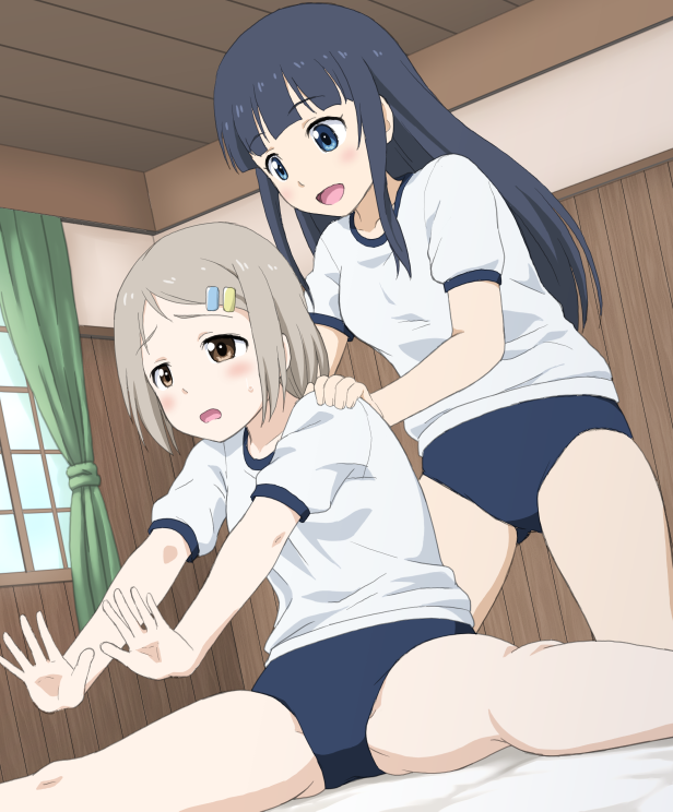 2girls, :d, anitore!_ex, bangs, black_hair, blush, brown_hair, buruma