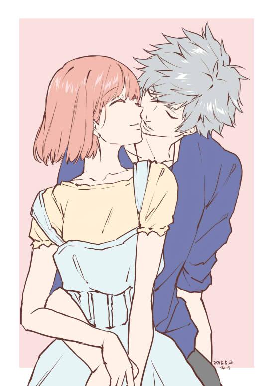 1boy, 1girl, 2015, closed_eyes, colored_eyelashes, couple, dated, dress