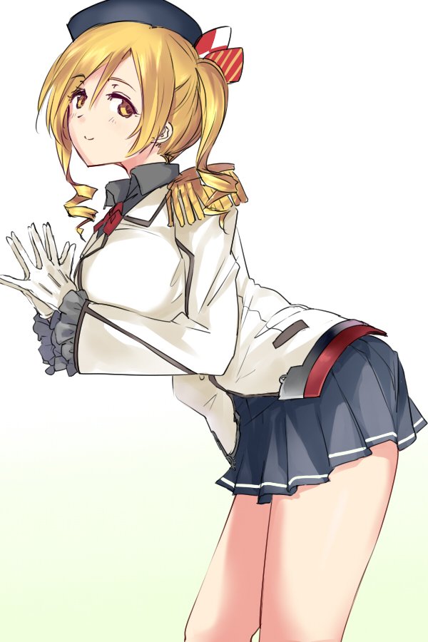 1girl, beret, blonde_hair, cosplay, drill_hair, gloves, hat, kantai_collection, kashima_(kantai_collection), kashima_(kantai_collection)_(cosplay), mahou_shoujo_madoka_magica, miniskirt, negresco, skirt, tomoe_mami, white_gloves, yellow_eyes