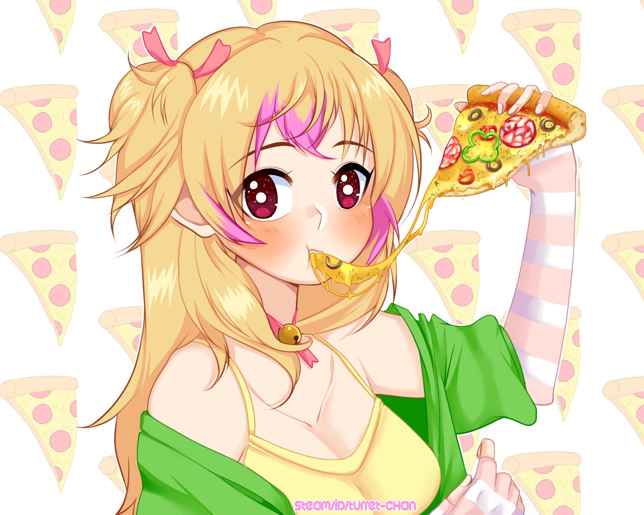 1girl, :t, bell, bell_collar, blonde_hair, blush, breasts, cheese_trail