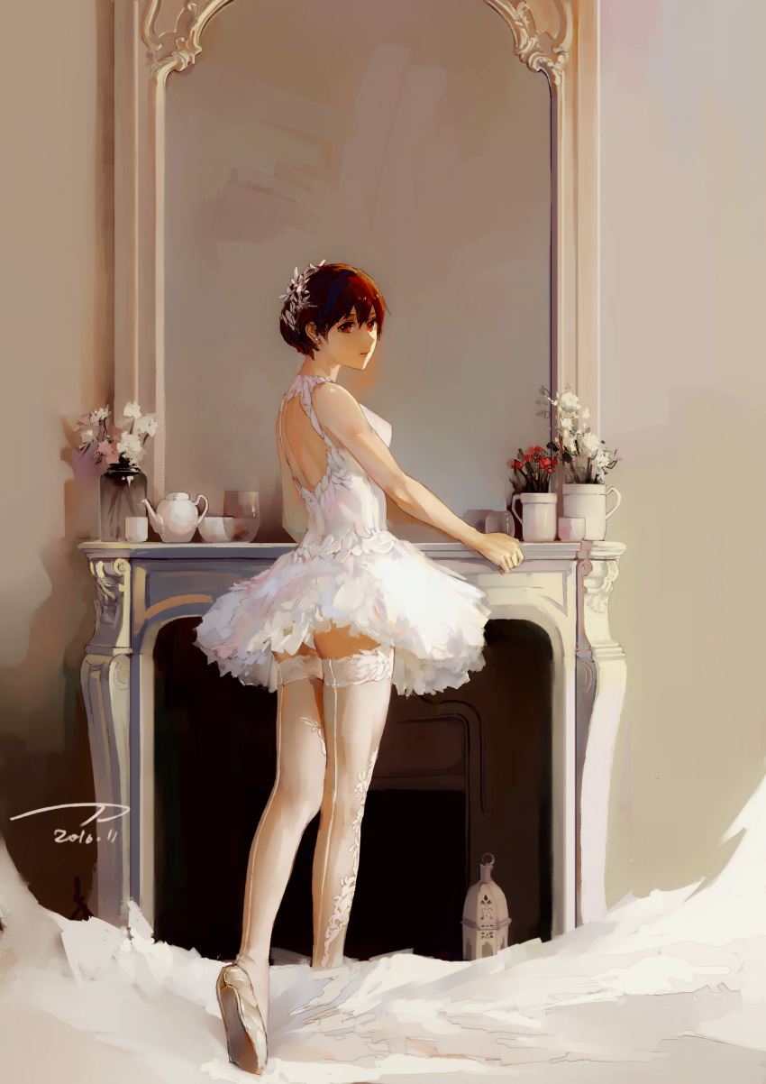 1girl, absurdres, back-seamed_legwear, ballerina, ballet_slippers, brown_eyes, brown_hair, dated