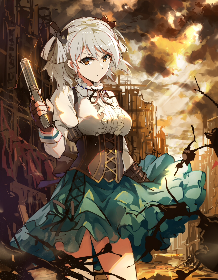 1girl, baisi_shaonian, bangs, black_ribbon, brown_eyes, ciel_alencon, clouds, cloudy_sky