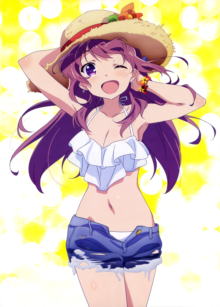 1girl, absurdres, arms_behind_head, arms_up, bare_shoulders, bikini, breasts, cleavage