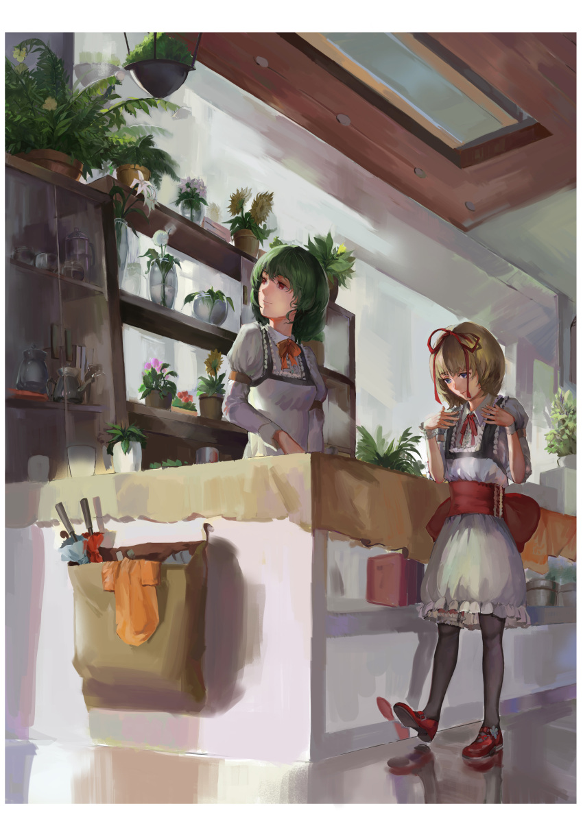 2girls, absurdres, alternate_costume, black_hair, blonde_hair, blue_eyes, employee_uniform, flower
