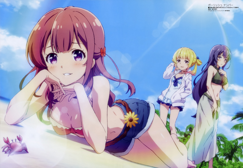 3girls, absurdres, bikini_top, blonde_hair, blue_hair, breasts, cleavage, dress