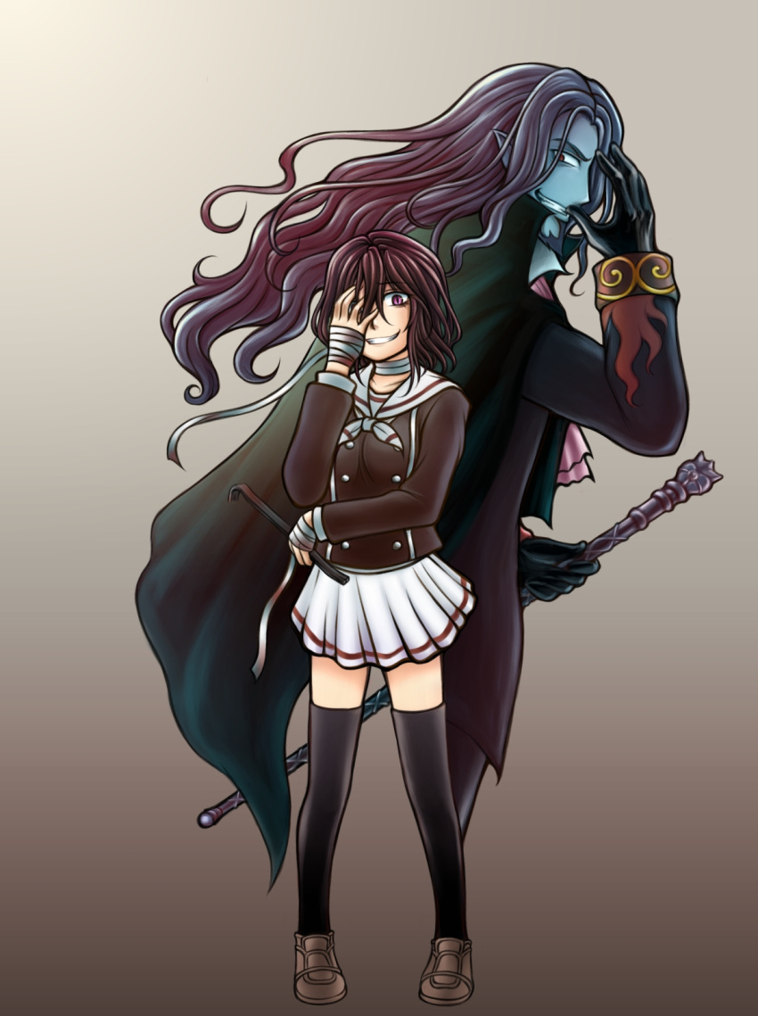 1boy, 1girl, bandage, black_legwear, blue_skin, brown_hair, cane, count_of_monte_cristo