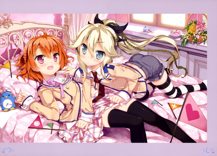 2girls, absurdres, all_fours, bed, black_ribbon, blonde_hair, blue_eyes, book