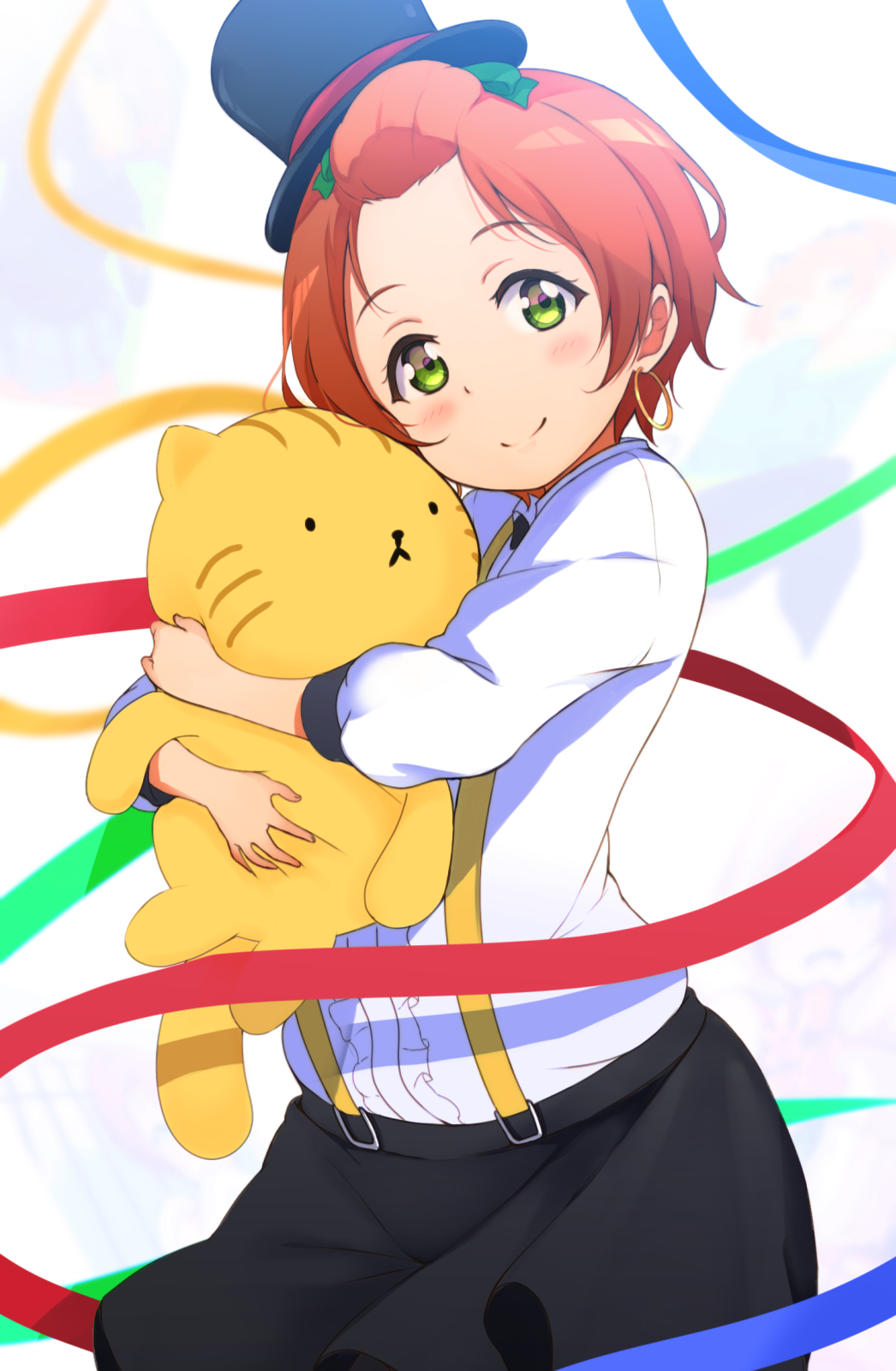 1girl, black_hat, black_skirt, earrings, green_eyes, green_ribbon, hair_ribbon, hat, hello_hoshi_wo_kazoete, highres, hoshizora_rin, hug, icehotmilktea, jewelry, looking_at_viewer, love_live!, love_live!_school_idol_project, orange_hair, ribbon, sakura_fuumi, shirt, short_hair, skirt, smile, solo, stuffed_toy, suspender_skirt, suspenders, white_shirt
