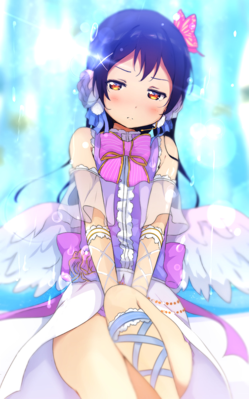 1girl, absurdres, between_legs, black_hair, blue_ribbon, bow, bowtie, butterfly_hair_ornament, dress, feathered_wings, hair_ornament, hair_ribbon, hand_between_legs, highres, icehotmilktea, long_hair, love_live!, love_live!_school_idol_festival, love_live!_school_idol_project, orange_eyes, pink_bow, ribbon, sakura_fuumi, see-through, solo, sonoda_umi, striped, striped_bow, white_wings, wings