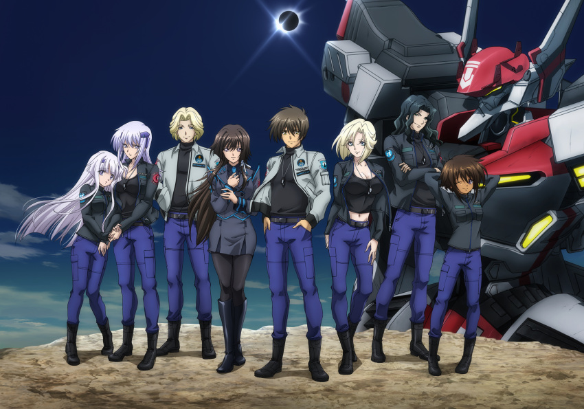 3boys, 4girls, arms_behind_head, arms_up, belt, black_hair, black_shrit, blonde_hair