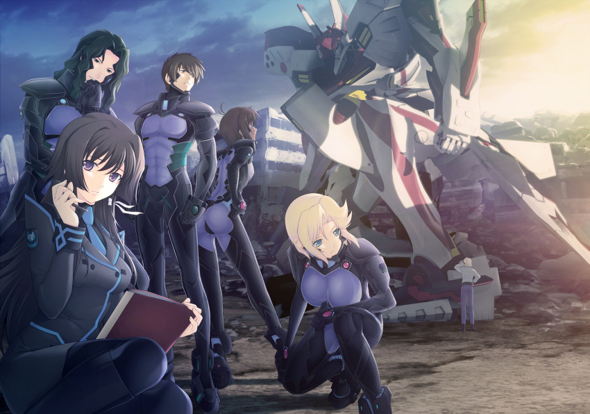 3boys, 3girls, absurdres, black_hair, blonde_hair, bodysuit, breasts, breasts_apart